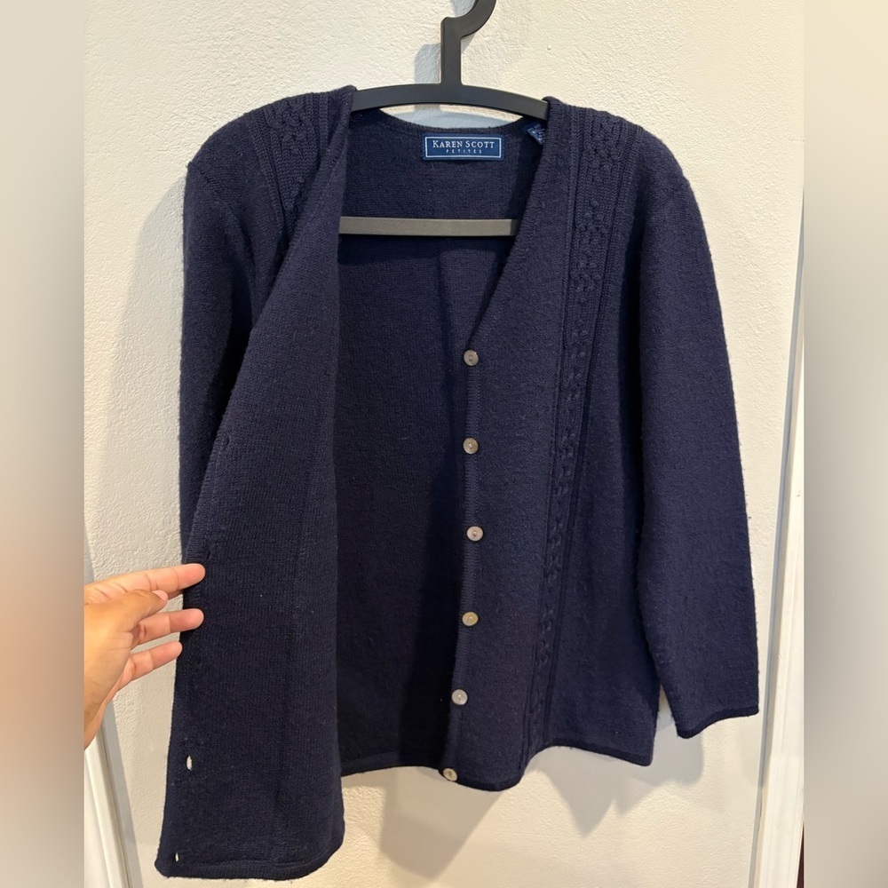 Karen Scott Australian Wool Waist Length Navy Blue Cardigan Women’s Size Pet L - Picture 12 of 13
